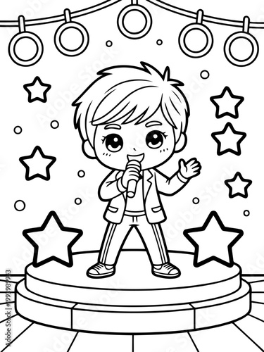 Star Performer: Adorable cartoon illustration of a singer on stage, surrounded by stars and spotlights. Capturing the joy of performance in a fun, cartoon style.
