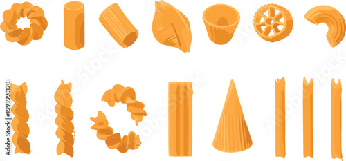Large collection of assorted pasta shapes isolated on white background Italian food