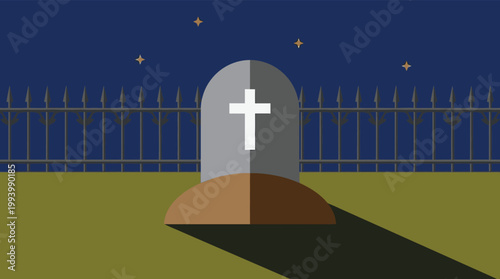 Flat vector illustration of a cemetery tombstone with cross icon at night for funeral or memorial concepts