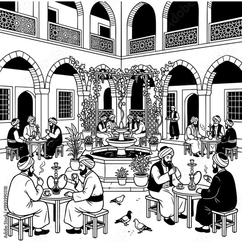 Men smoking hookah in a traditional Arabic coffeehouse courtyard