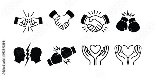 Black and white of hands and heads showing conflict and love fists hearts vector illustration isolated on white background