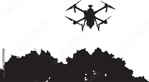 Silhouette of a drone flying above trees against a bright white sky