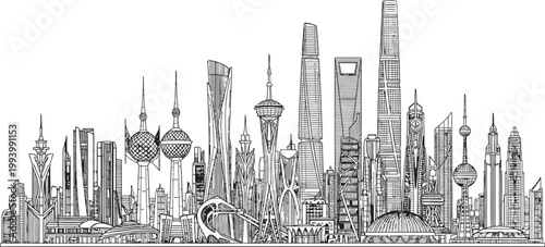 Fotografi Intricate skyline sketch a detailed black and white illustration of a futuristic