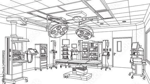 Detailed sketch of a hospital operating room with medical equipment and a complex ceiling structure