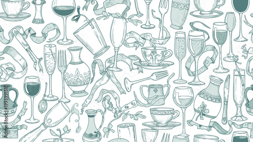 Vintage cutlery and glassware seamless pattern in delicate green tones