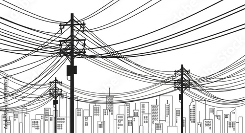 Dense Network of Power Lines Above City Skyline Illustration.