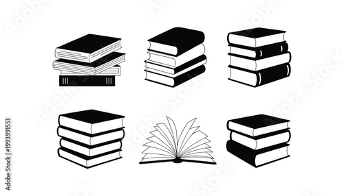 Black and white of stacked and open books stacked books book stacks vector illustration isolated on white background