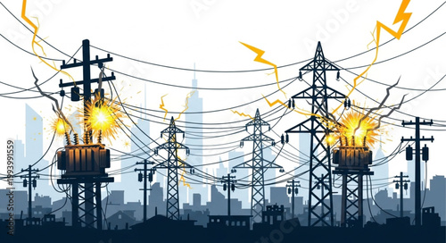 Electrical power transmission lines and transformers in a city skyline.