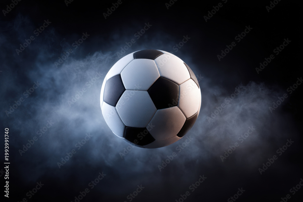 Naklejka premium Soccer ball floating in smoke on black background, studio sports concept with dramatic lighting and dark copy space