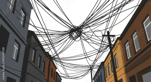 Chaotic tangle of electrical wires above city street buildings.