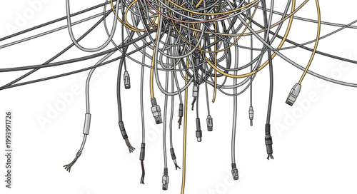 Chaotic tangle of electrical wires and cables hanging down.