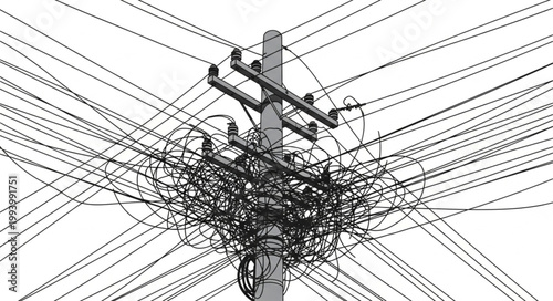 Complex electrical power pole with many tangled wires.