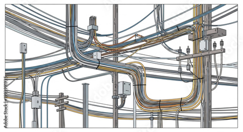 Complex Network of Electrical Wires and Cables on Poles.