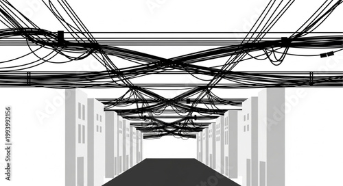 Complex Network of Overhead Electrical Wires and Cables.
