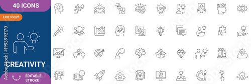 Creativity Icon Set. Containing Creative, Idea, Design, Imagination, Innovation, Inspiration, Originality, Art, Concept, Thinking, Brainstorming and etc. Line Icon. Editable Stroke. Vector file