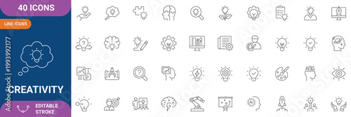Creativity Icon Set. Containing Creative, Idea, Design, Imagination, Innovation, Inspiration, Originality, Art, Concept, Thinking, Brainstorming and etc. Line Icon. Editable Stroke. Vector file