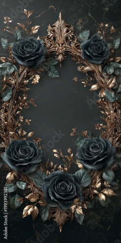 Ornate golden picture frame decorated with deep dark roses on luxury black marble background