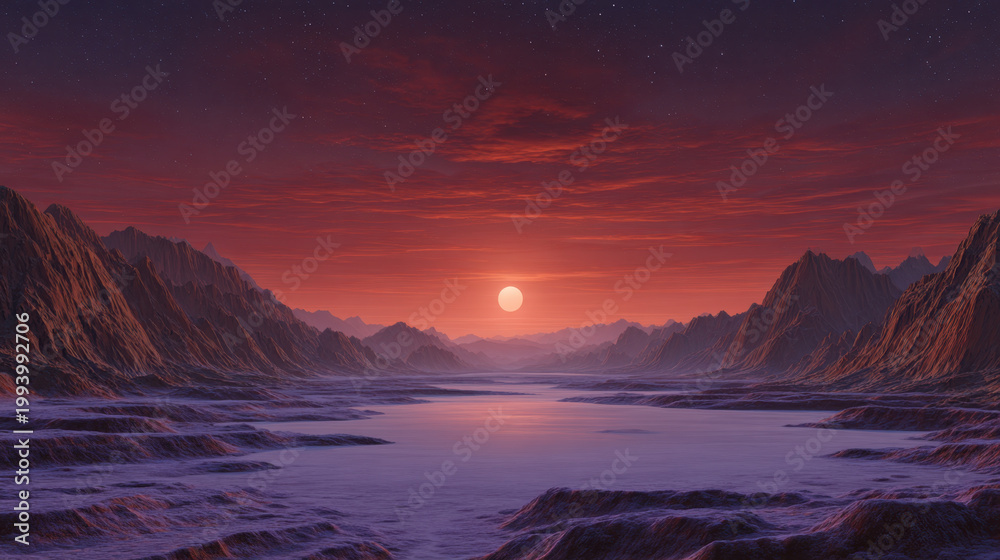 Fototapeta premium Dwarf sun over eroded mountain valley and alien river under starry purple sky at sunset with dramatic horizon, calm and surreal mood