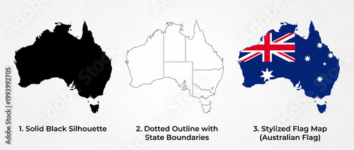Australian map collection silhouette, outlined with state borders, and national flag design. Ideal for geography, national identity, and educational visuals