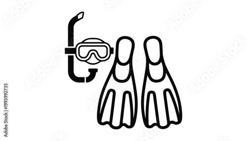 Black line of snorkeling mask and flippers goggles fins vector illustration isolated on white background