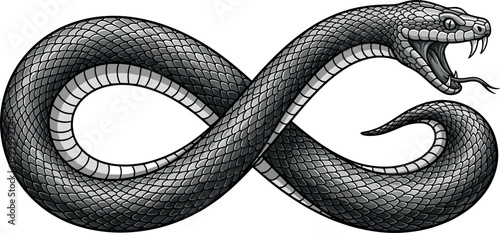 Infinity Snake Symbol Illustration with Detailed Scales and Coiled Serpent Form Representing Eternity, Ouroboros Concept, Mythology, and Tattoo Style Vector DesignInfinity Snake Symbol Illustration wi