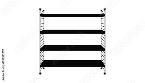 Black metal shelving unit with four shelves metal shelf black shelving industrial shelf storage rack vector illustration isolated on white background,