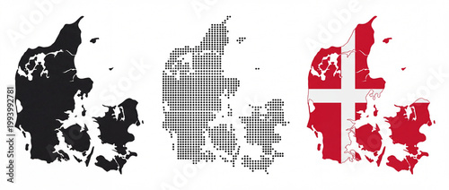 Three Distinct Map Representations of Denmark Arranged Horizontally, Showcasing its Geographic Outline and National Flag Symbolism on a White Background
