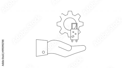 Hand holding suitcase and gear icon representing travel services and logistics.