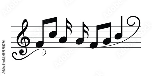 Black musical notes on a staff with a treble clef vector illustration isolated on white background