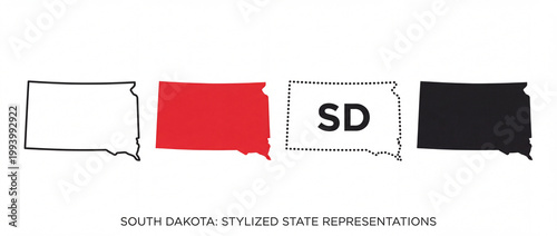 Four distinct stylized graphic representations of the American state of South Dakota, showcasing outline, solid color, and abbreviated forms for geographic visualization
