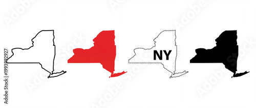 Diverse graphic illustrations depicting the recognizable silhouette of a prominent northeastern state, presented in a series of four stylized designs for maps and educational content
