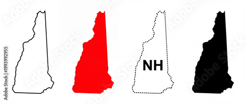 Four distinct outline illustrations of the state of New Hampshire, showcasing different styles and colors