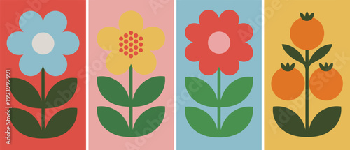 Vibrant tropical floral abstract poster collection, botanical doodle of abstract flowers, oranges and leaves, vector art set for wallpaper, poster prints and home styling decorative design elements.