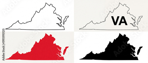 Four Stylized Representations of the State of Virginia, showcasing its outline in various formats line art, labeled, solid red, and black silhouette
