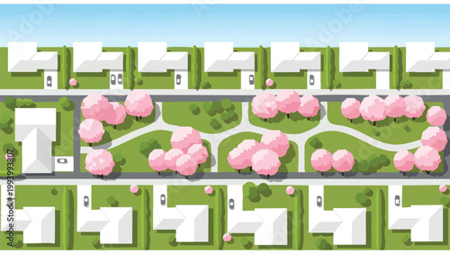 Aerial View Suburban Neighborhood Houses Street Trees Cars Community Layout