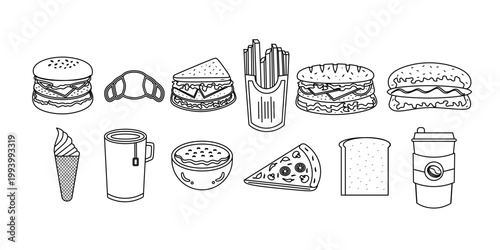 Fast foods doodle set on white background. Fast food icons set collection. Set of fast foods sign collection. Vector illustration.	