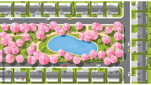 Top-Down View: Suburban Neighborhood Park with Pond & Cherry Blossoms - Real Estate & Community Planning