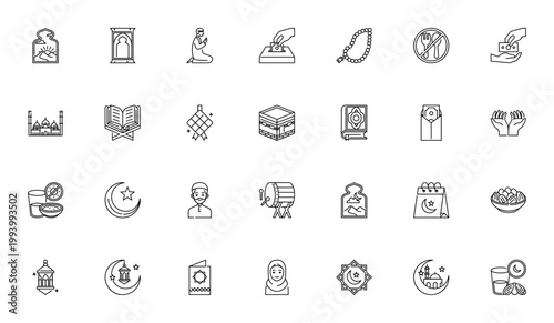 Ramadan icon set. Minimal vector symbols for Dawn, Prayer, Fasting, Charity, Mosque, Quran, Iftar, Lantern, Hijab and more. Editable line art.