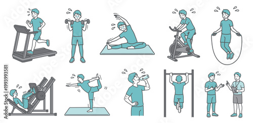 様々な運動を辛そうにする成人男性の10点セットイラスト（標準体型）