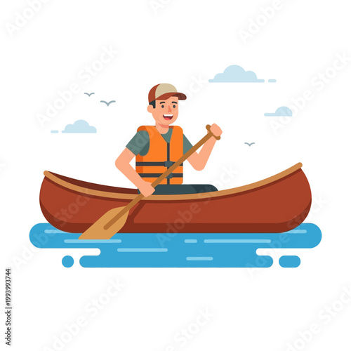 Person wearing a life jacket paddles canoe on water