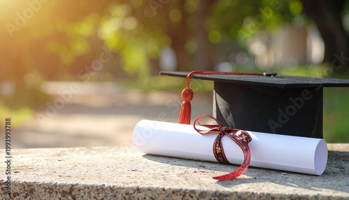 Graduation cap and diploma on a stone