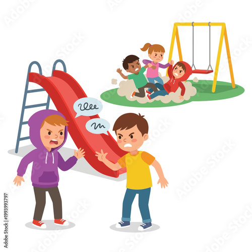 Angry children arguing and cartoon kids fighting in the playground