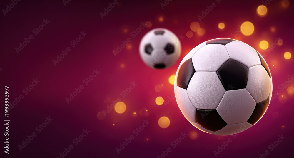 Naklejka premium Soccer ball flying in red and purple background with glowing light bokeh and sport motion effect