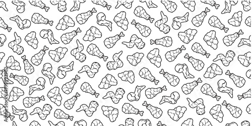 Doodle fried chicken pattern background. Seamless fried chicken leg doodle pattern. Chicken thigh doodle pattern frame. Fast food fried chicken doodle frame design.