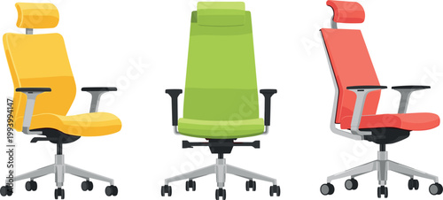 Modern office chairs in different colors ergonomic seating isolated on light background