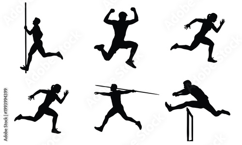 Set of track and field athlete silhouettes performing various sports activities on white background.