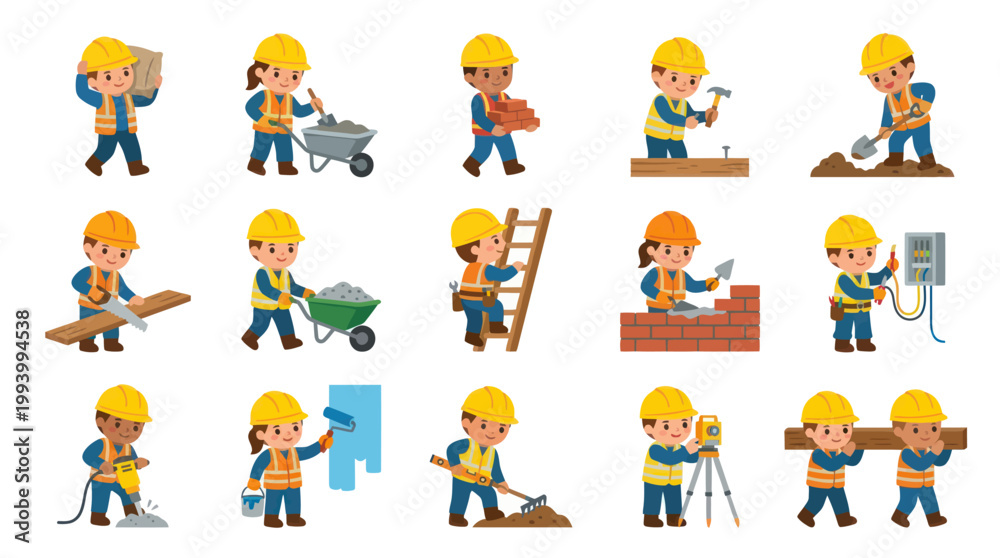 Naklejka premium Cartoon Construction Workers Set - Builders Doing Various Tasks