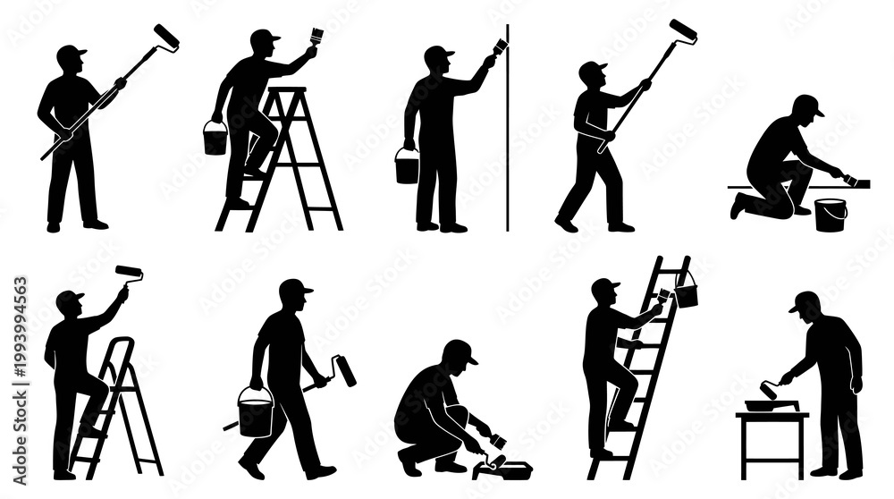 Fototapeta premium Black and white vector icons of painters with rollers and ladders