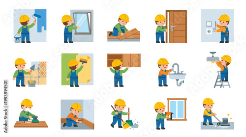 Construction and Home Repair Worker Tasks Flat Vector Illustration Set