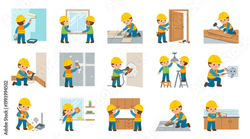 Flat Cartoon Vector Set of Cute Kids Builders Doing Home Construction, Renovation  Repair Tasks
